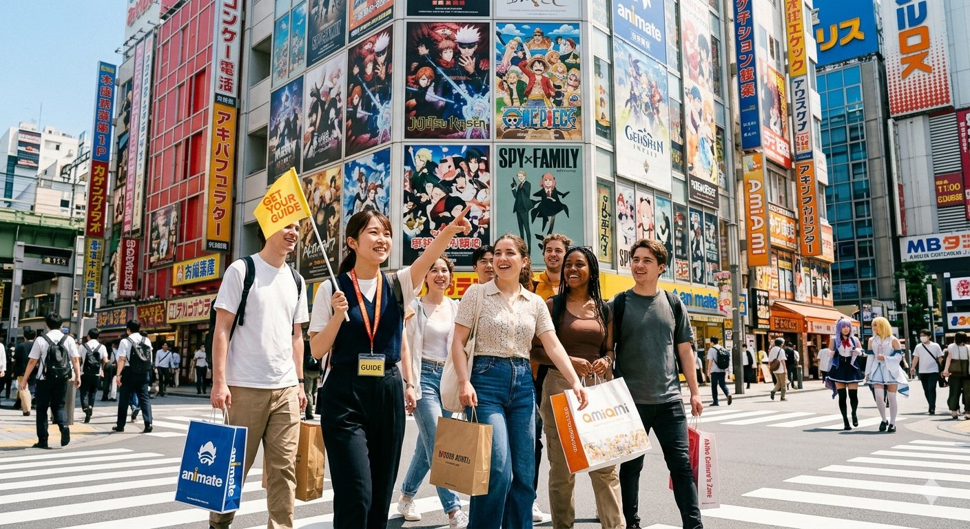 Tour group walking through Akihabara's anime billboard-lined streets in Tokyo