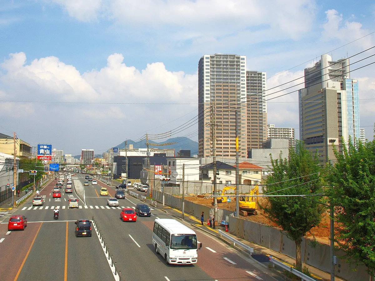 Tree-lined Route 3 street in Chihaya, Fukuoka
