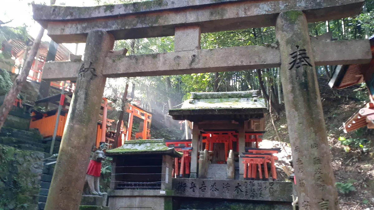 A mountain shrine and stone torii on the Fushimi Inari trail
