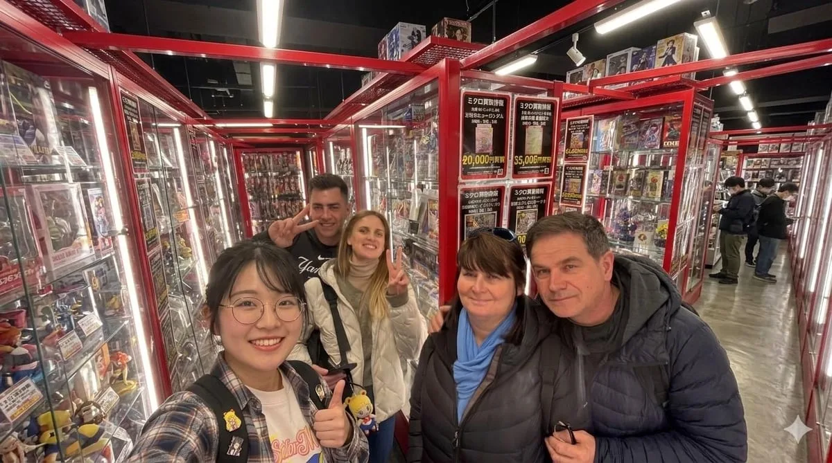 Visitor browsing anime figures and merchandise inside a specialist Akihabara shop