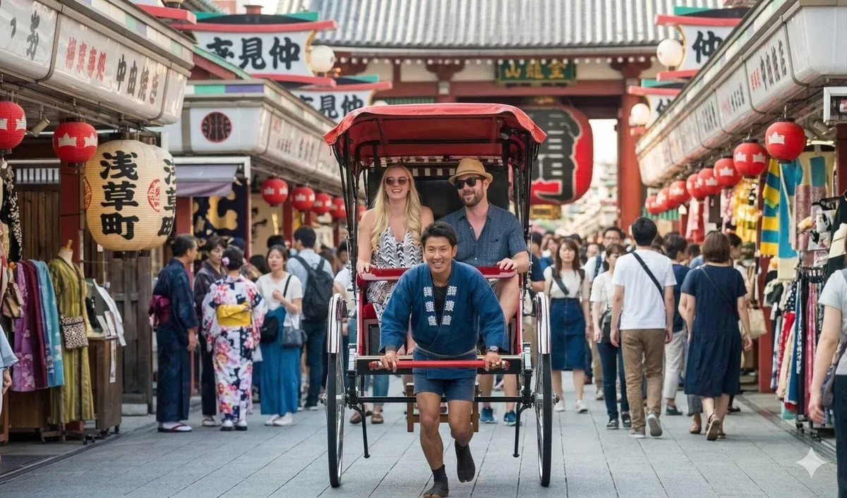 Visitor in traditional kimono enjoying matcha and wagashi sweets in Asakusa