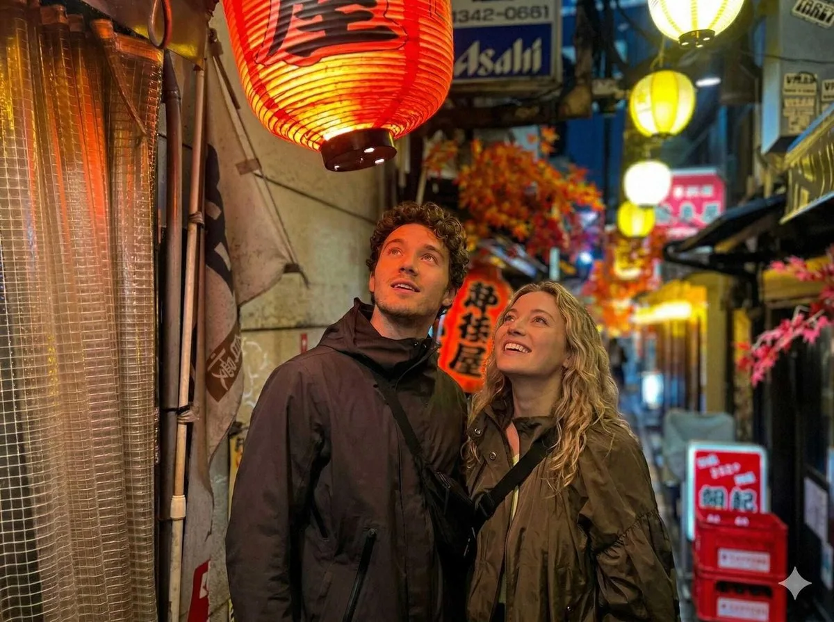 Small group enjoying drinks and yakitori at a classic Asakusa izakaya at night