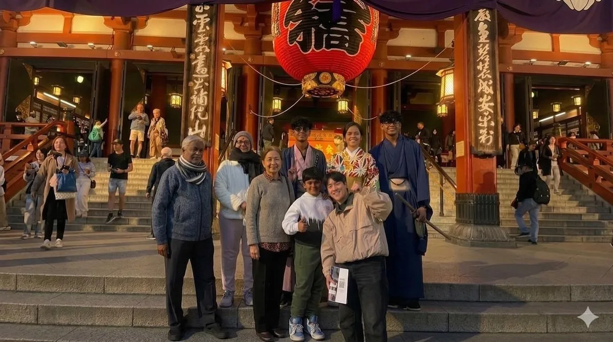 Illuminated lanterns and traditional architecture along a quiet Asakusa street after dark