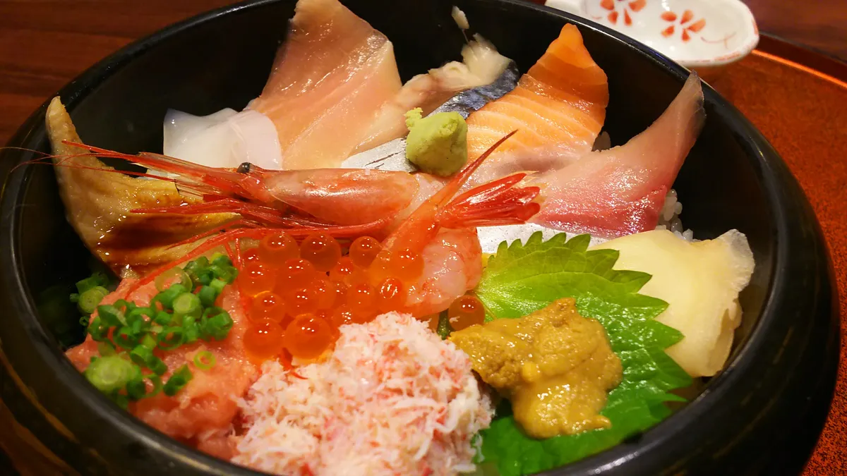 Kaisendon seafood bowl with sweet shrimp, salmon roe, crab, and sashimi over rice at a Kanazawa restaurant