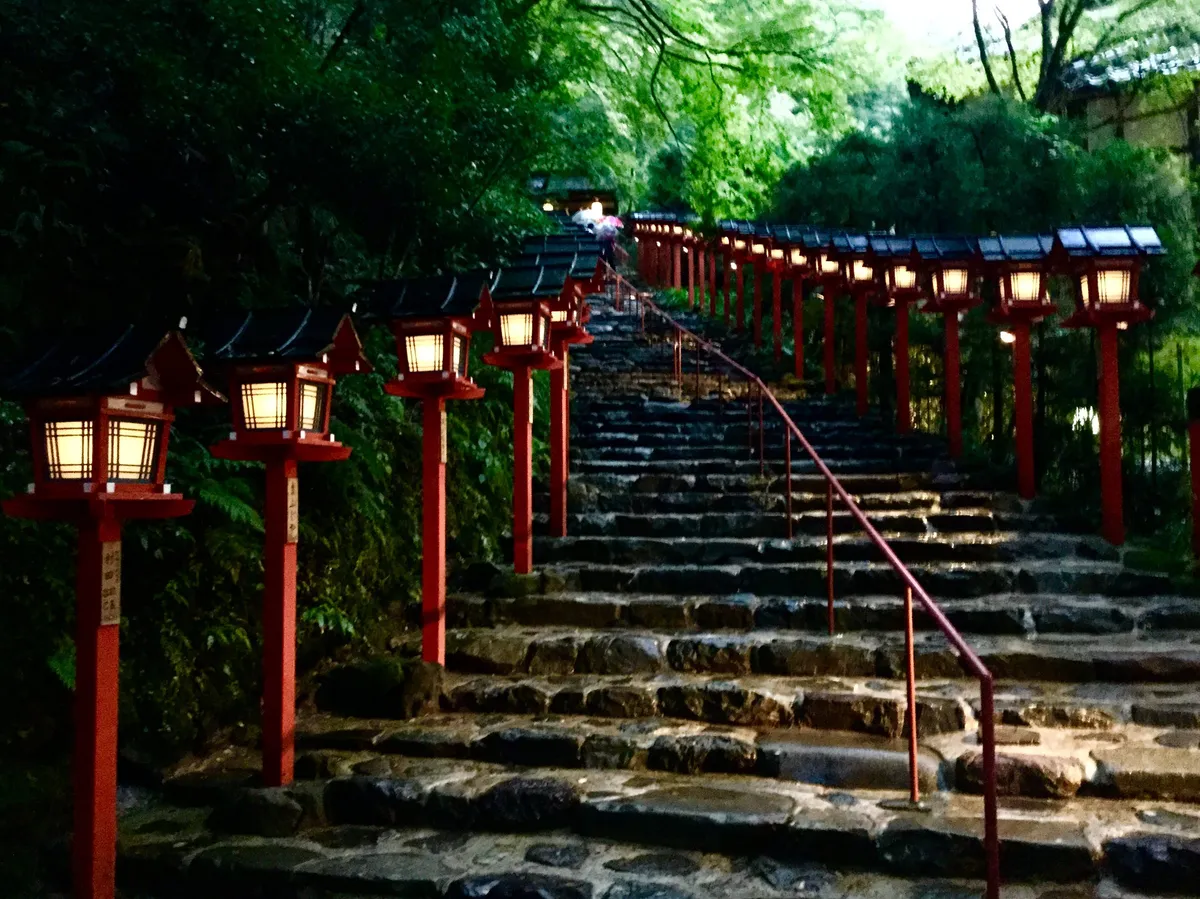 Red lanterns lining both sides of the stone steps at dusk, with green maple branches creating a canopy overhead