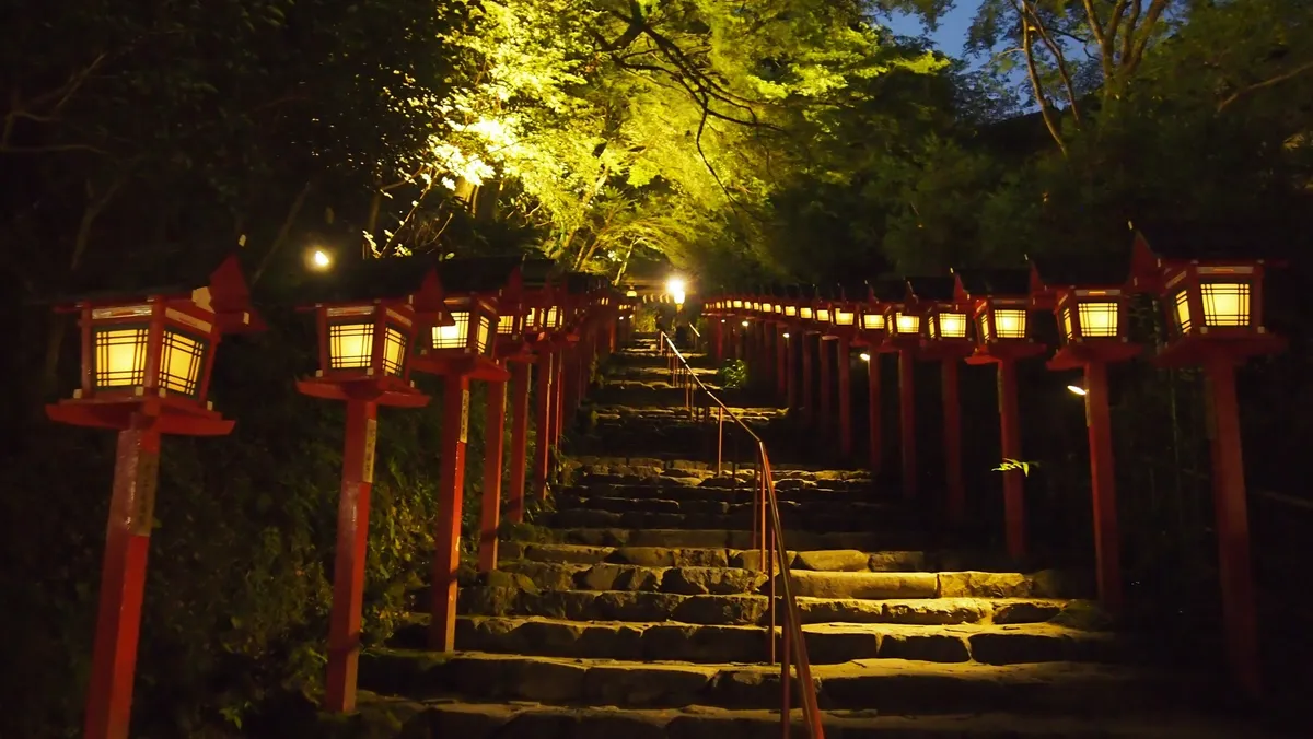 Lantern-lined stone steps at Kifune Shrine in Kyoto