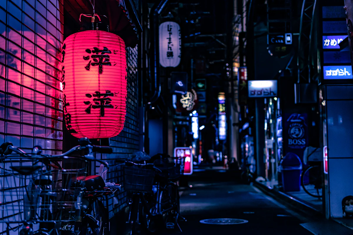 Stone-paved street in Kinosaki Onsen at dusk with traditional wooden bathhouse and yukatas