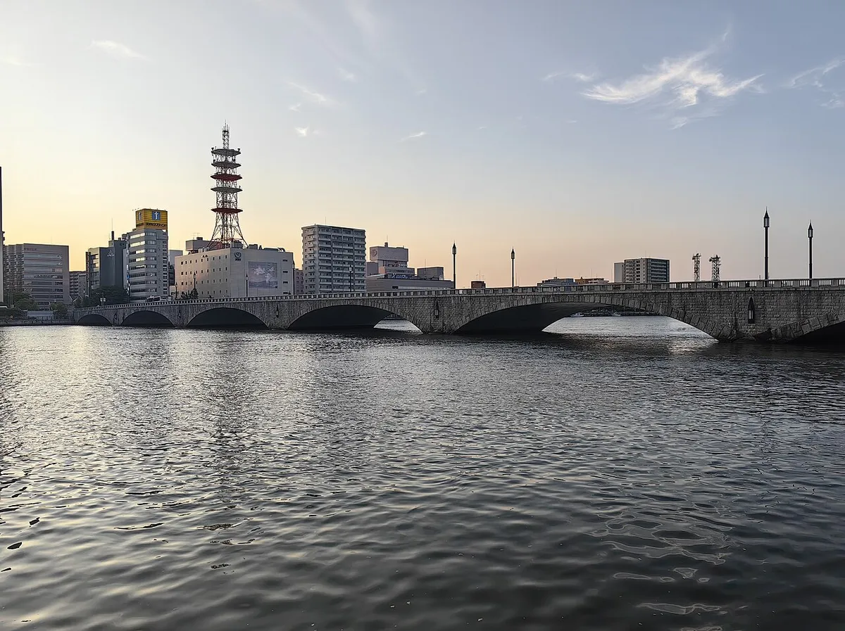 Bandai Bridge crossing the Shinano River in Niigata at dusk